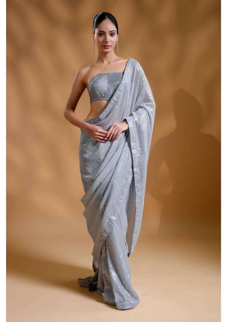 Silver Ready to Wear Twinkling Luxe Sequin Saree and Unstitched Blouse for Women Festive Wear - Indya