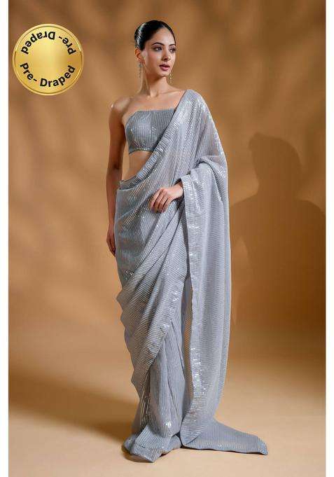Silver Ready to Wear Twinkling Luxe Sequin Saree and Unstitched Blouse for Women Festive Wear