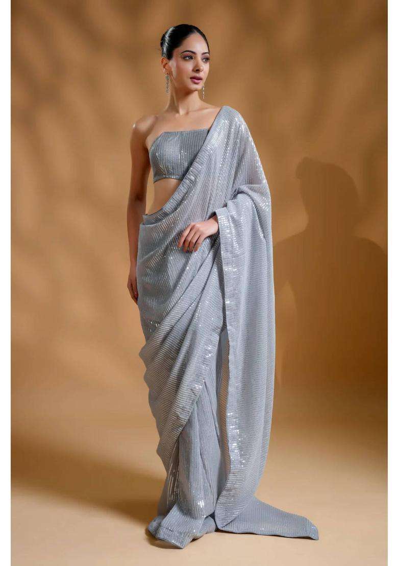 Twinkling Luxe Sequin Silver Saree with Unstitched Blouse for Women Party Wear - Indya