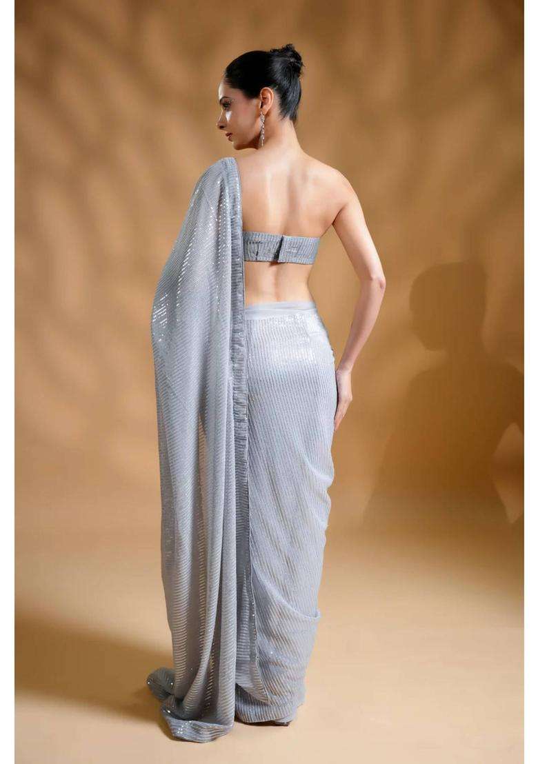 Twinkling Luxe Sequin Silver Saree with Unstitched Blouse for Women Party Wear - Indya