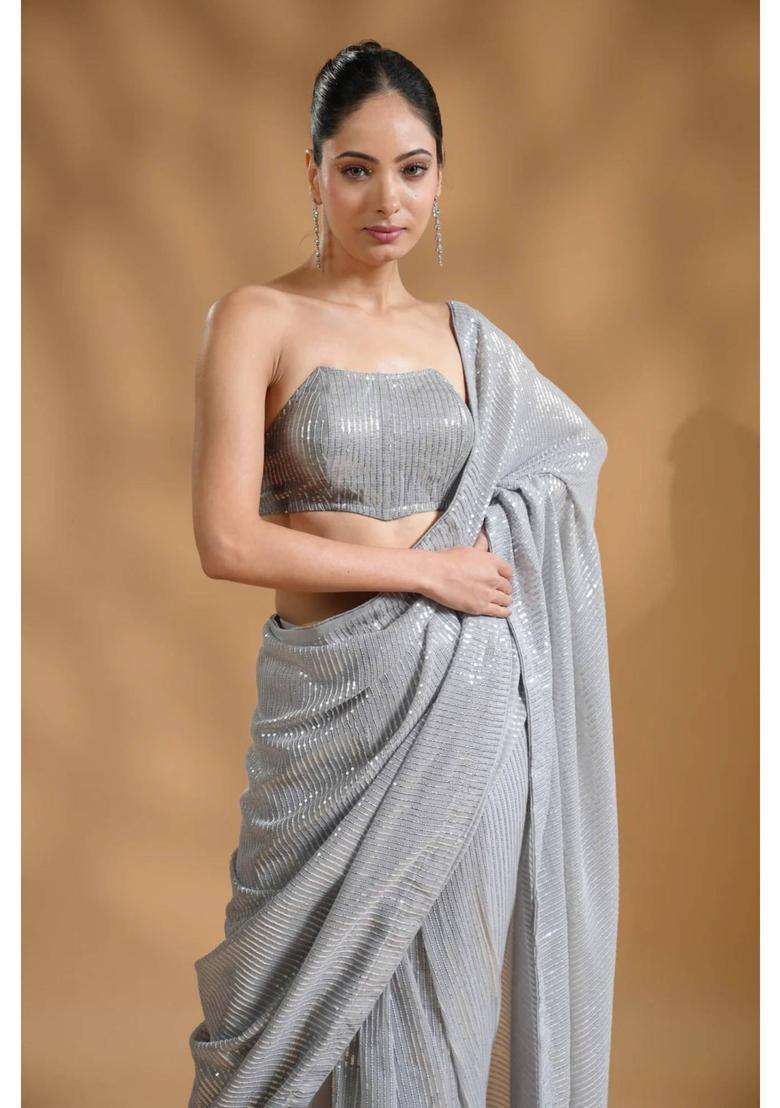 Twinkling Luxe Sequin Silver Saree with Unstitched Blouse for Women Party Wear - Indya