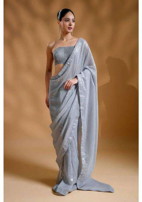 Twinkling Luxe Sequin Silver Saree with Unstitched Blouse for Women Party Wear