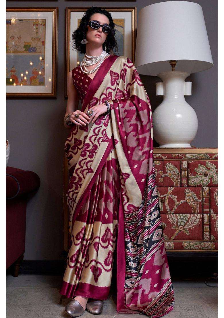 Aesthetic Maroon Patola Printed Satin Crepe Saree with Unstitched Blouse for Women Casual Wear - Indya