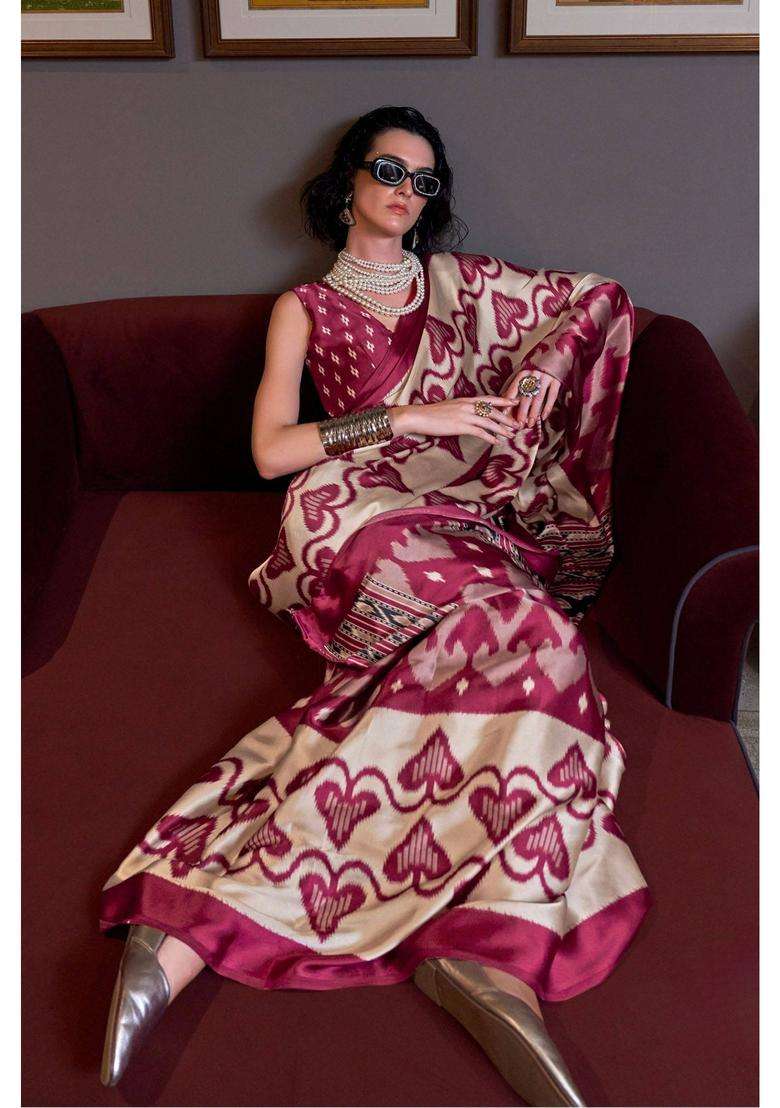 Aesthetic Maroon Patola Printed Satin Crepe Saree with Unstitched Blouse for Women Casual Wear - Indya
