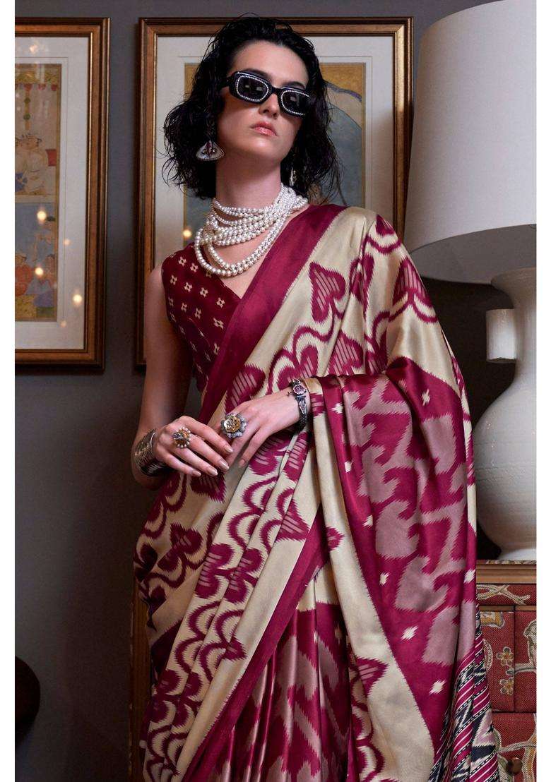 Aesthetic Maroon Patola Printed Satin Crepe Saree with Unstitched Blouse for Women Casual Wear - Indya