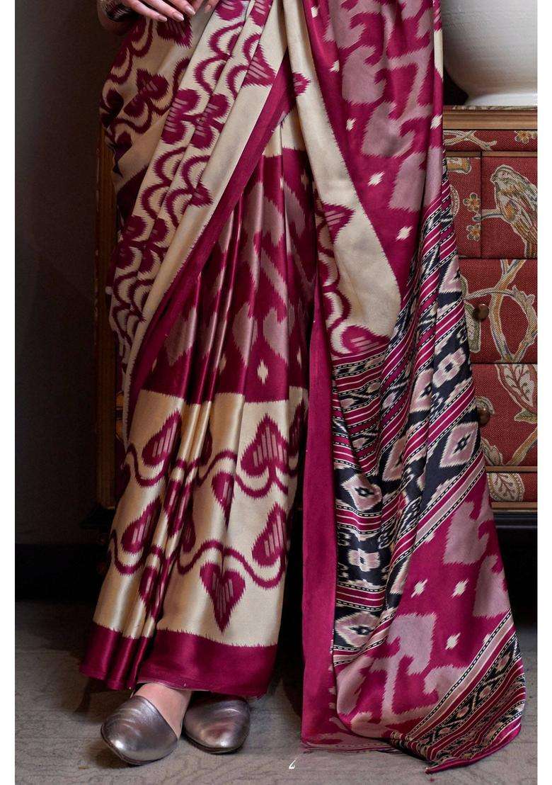 Aesthetic Maroon Patola Printed Satin Crepe Saree with Unstitched Blouse for Women Casual Wear - Indya