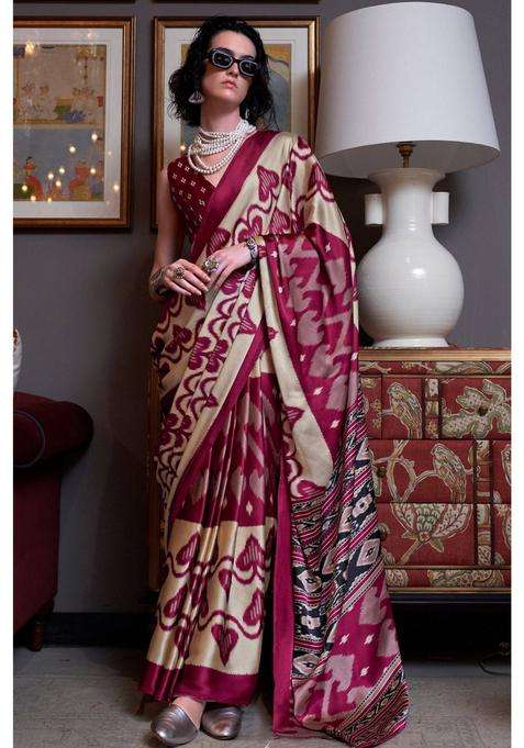 Aesthetic Maroon Patola Printed Satin Crepe Saree with Unstitched Blouse for Women Casual Wear