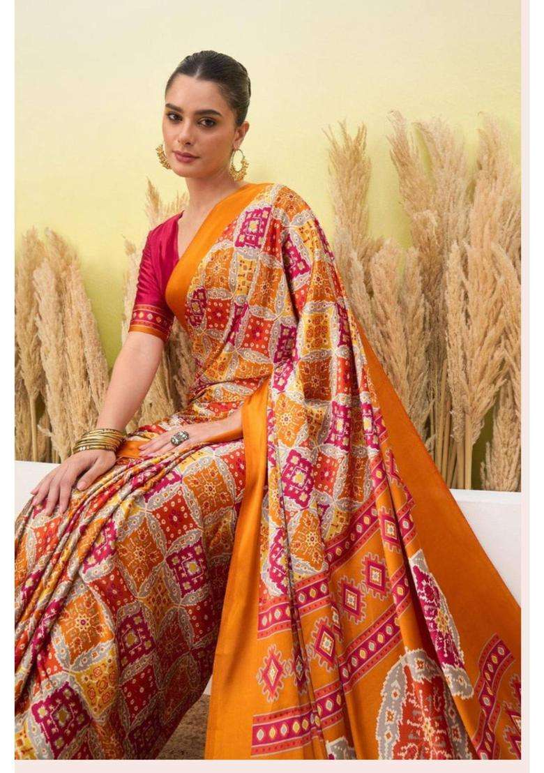 Burnt Yellow Patola Printed Satin Crepe Silk Saree for Women Casual Wear - Indya