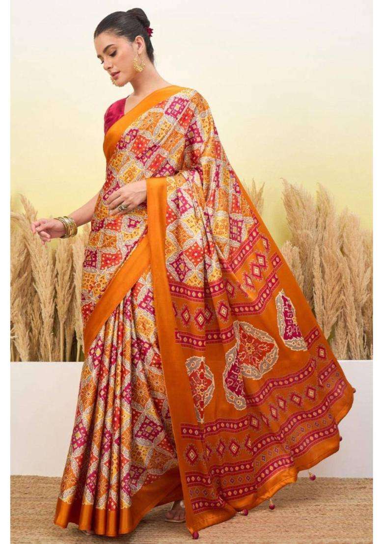 Burnt Yellow Patola Printed Satin Crepe Silk Saree for Women Casual Wear - Indya