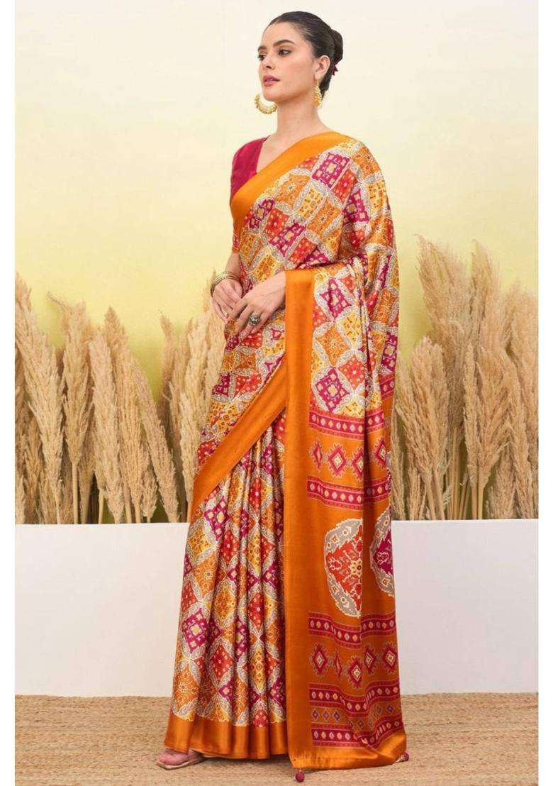 Burnt Yellow Patola Printed Satin Crepe Silk Saree for Women Casual Wear - Indya