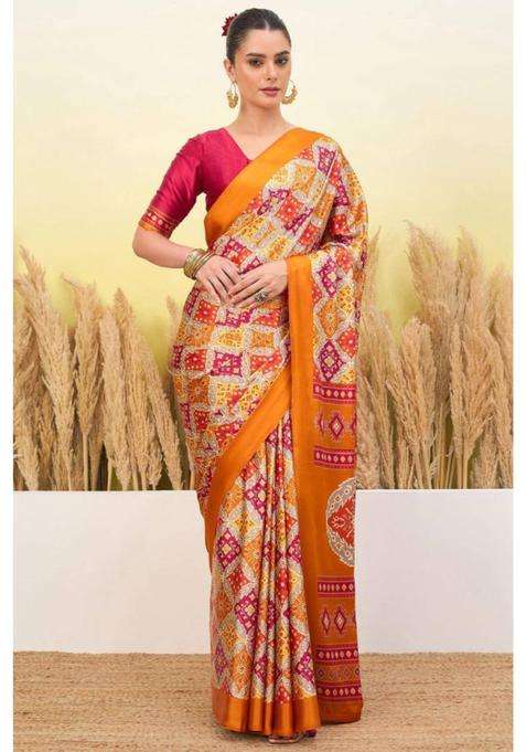 Burnt Yellow Patola Printed Satin Crepe Silk Saree for Women Casual Wear