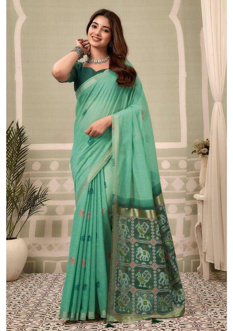 Emerald Green Patola Pallu Zari Woven Saree with Unstitched Blouse for Women Festive Wear - Indya