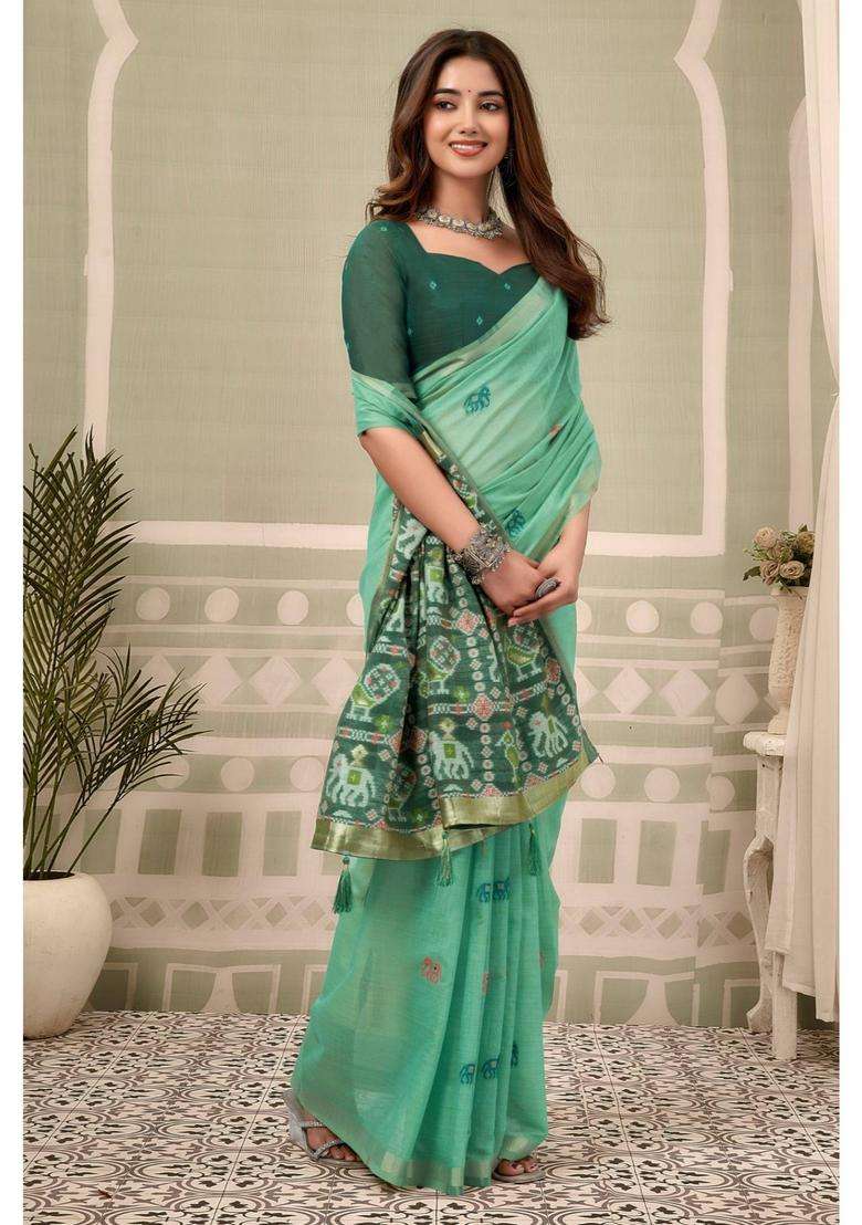 Emerald Green Patola Pallu Zari Woven Saree with Unstitched Blouse for Women Festive Wear - Indya
