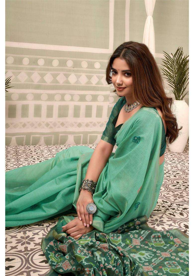 Emerald Green Patola Pallu Zari Woven Saree with Unstitched Blouse for Women Festive Wear - Indya