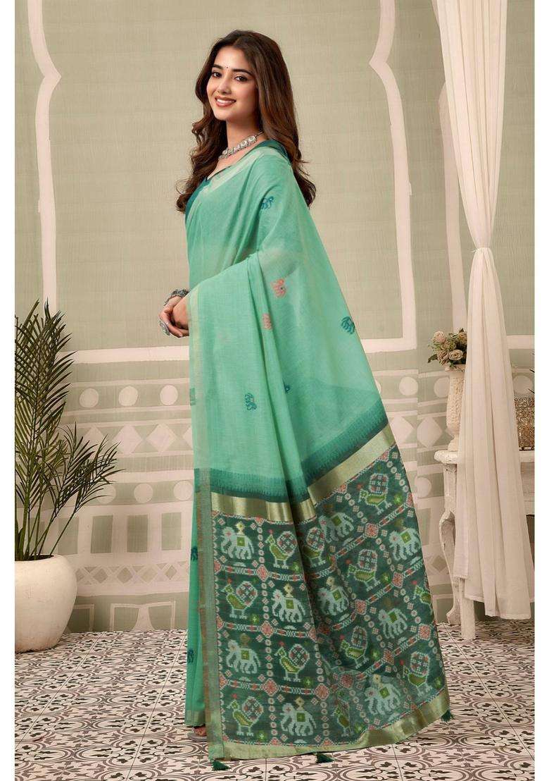 Emerald Green Patola Pallu Zari Woven Saree with Unstitched Blouse for Women Festive Wear - Indya