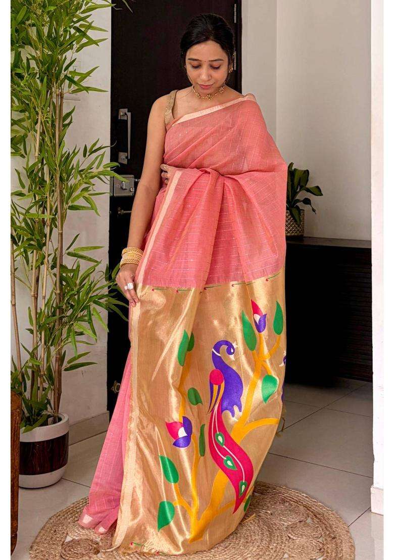 Froly Pink Chanderi Peacock Pallu Saree for Women Wedding Wear - Indya