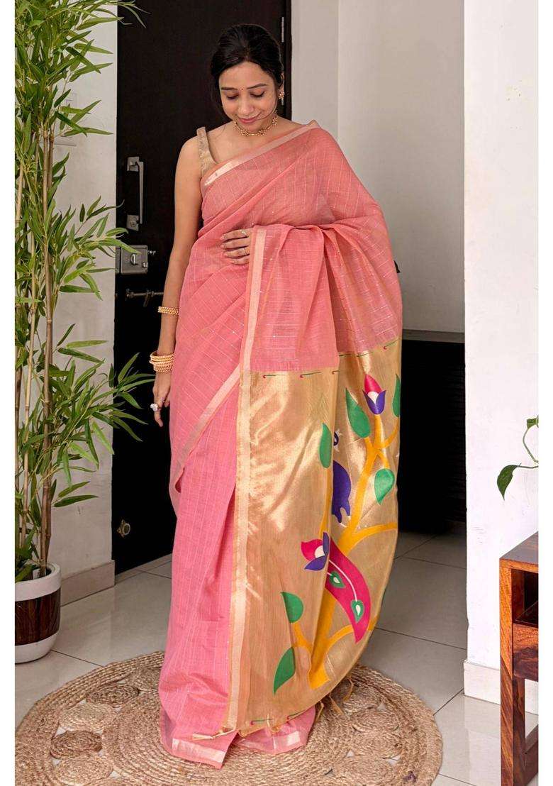 Froly Pink Chanderi Peacock Pallu Saree for Women Wedding Wear - Indya