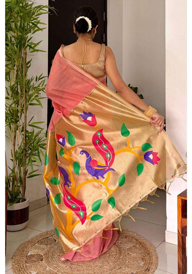Froly Pink Chanderi Peacock Pallu Saree for Women Wedding Wear - Indya
