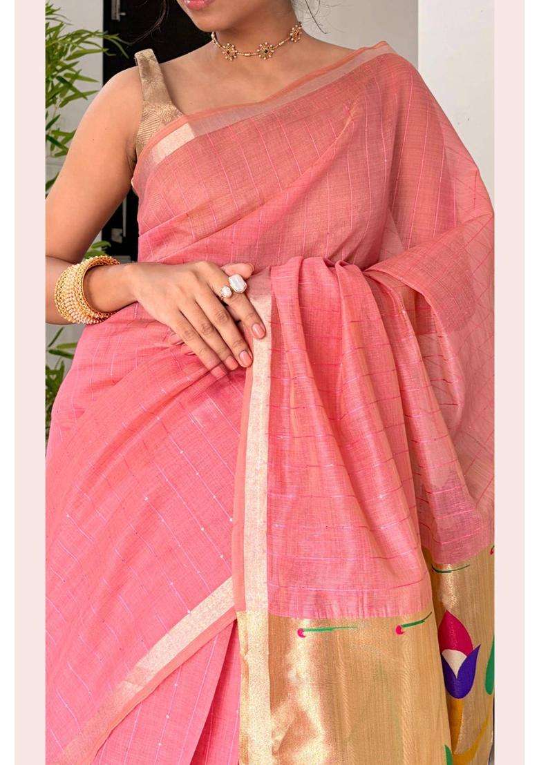 Froly Pink Chanderi Peacock Pallu Saree for Women Wedding Wear - Indya