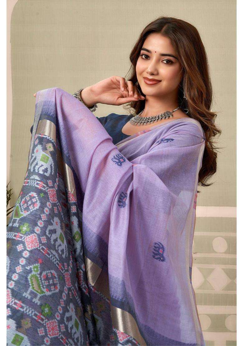 Lavender Mist Patola Pallu Zari Woven Saree with Unstitched Blouse for Women Festive Wear - Indya