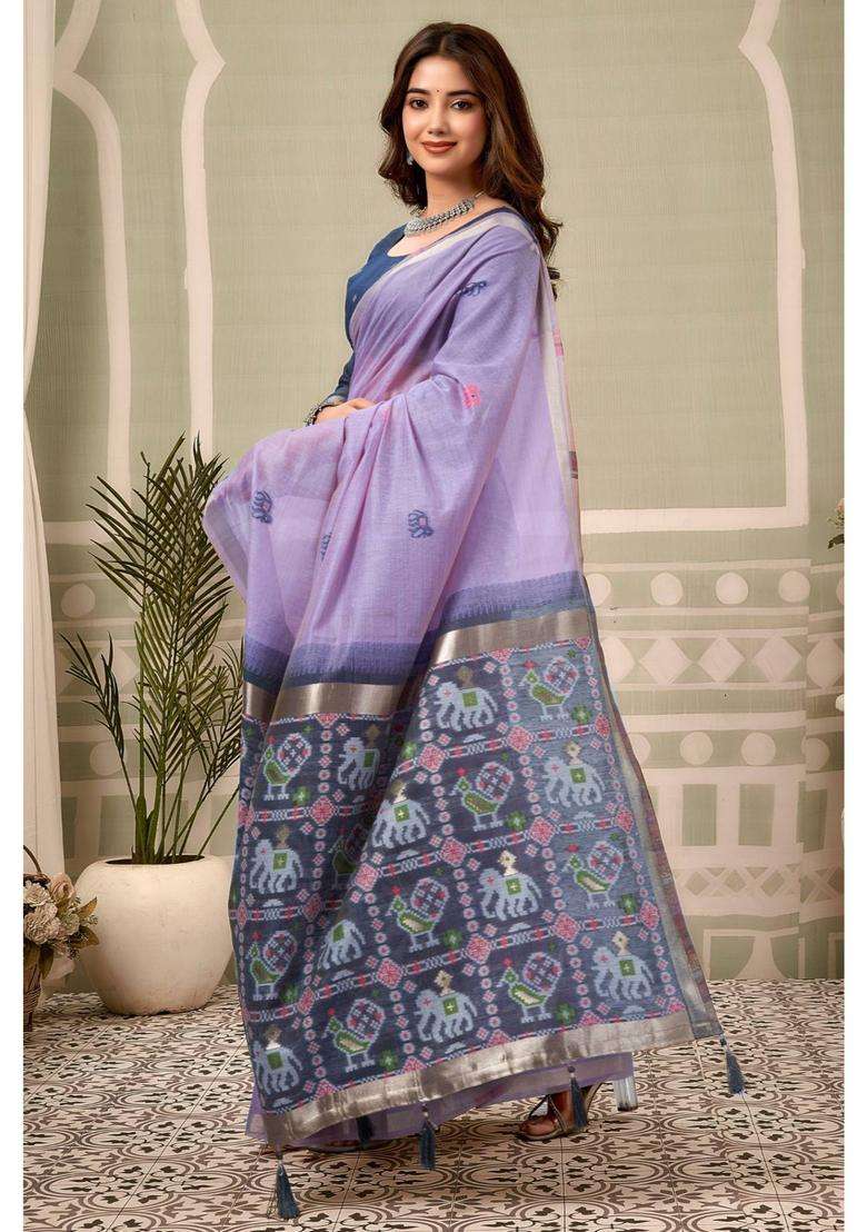 Lavender Mist Patola Pallu Zari Woven Saree with Unstitched Blouse for Women Festive Wear - Indya