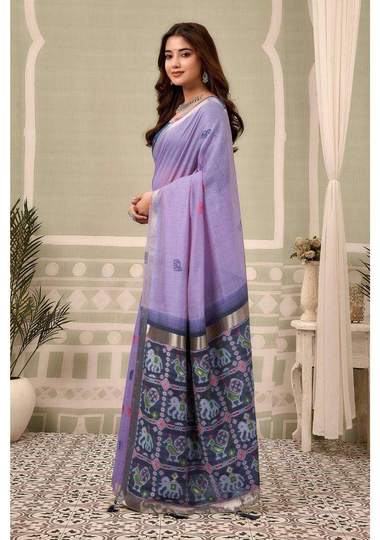 Lavender Mist Patola Pallu Zari Woven Saree with Unstitched Blouse for Women Festive Wear - Indya