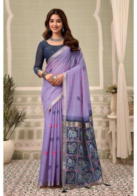 Lavender Mist Patola Pallu Zari Woven Saree with Unstitched Blouse for Women Festive Wear