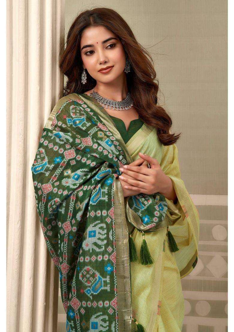 Leaf Green Patola Pallu Zari Woven Saree with Unstitched Blouse for Women Festive Wear - Indya