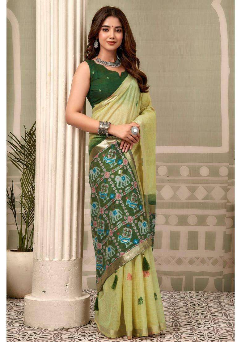 Leaf Green Patola Pallu Zari Woven Saree with Unstitched Blouse for Women Festive Wear - Indya