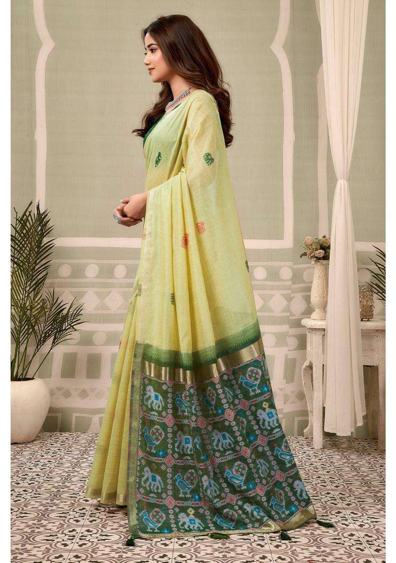 Leaf Green Patola Pallu Zari Woven Saree with Unstitched Blouse for Women Festive Wear - Indya