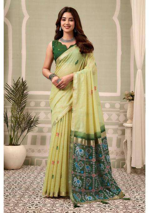 Leaf Green Patola Pallu Zari Woven Saree with Unstitched Blouse for Women Festive Wear