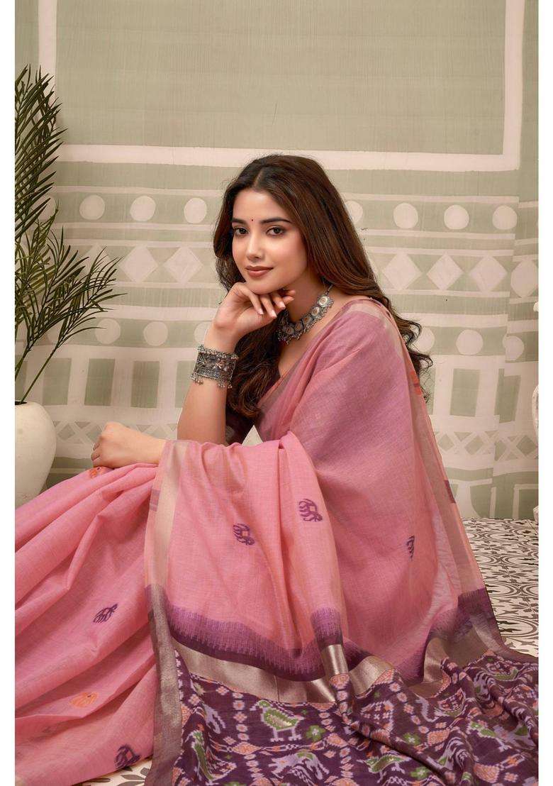 Lotus Pink Patola Pallu Zari Woven Saree with Unstitched Blouse for Women Festive Wear - Indya