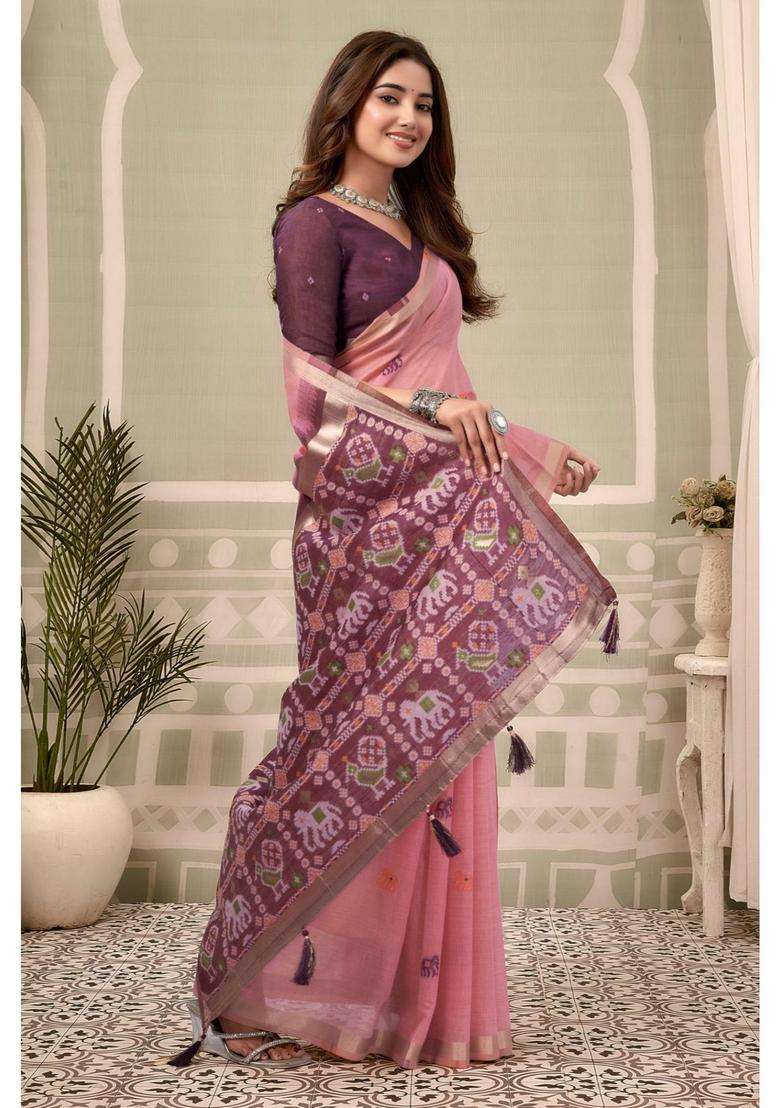Lotus Pink Patola Pallu Zari Woven Saree with Unstitched Blouse for Women Festive Wear - Indya