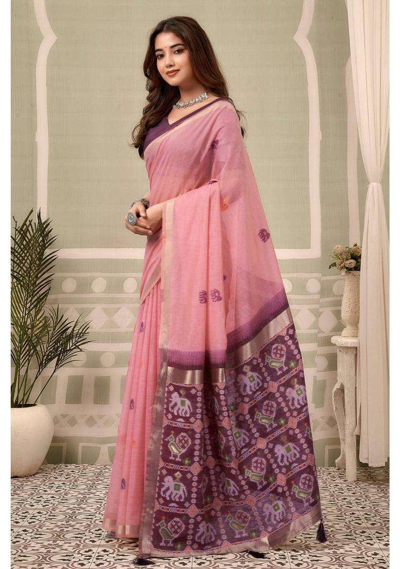 Lotus Pink Patola Pallu Zari Woven Saree with Unstitched Blouse for Women Festive Wear - Indya