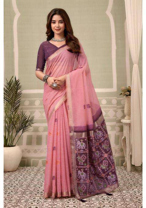 Lotus Pink Patola Pallu Zari Woven Saree with Unstitched Blouse for Women Festive Wear