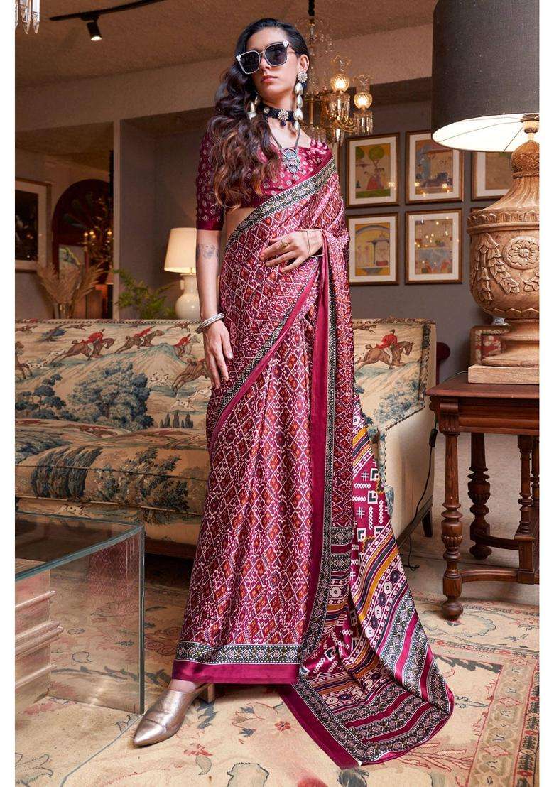Mocca Maroon Patola Printed Satin Saree with Unstitched Blouse for Women Casual Wear - Indya