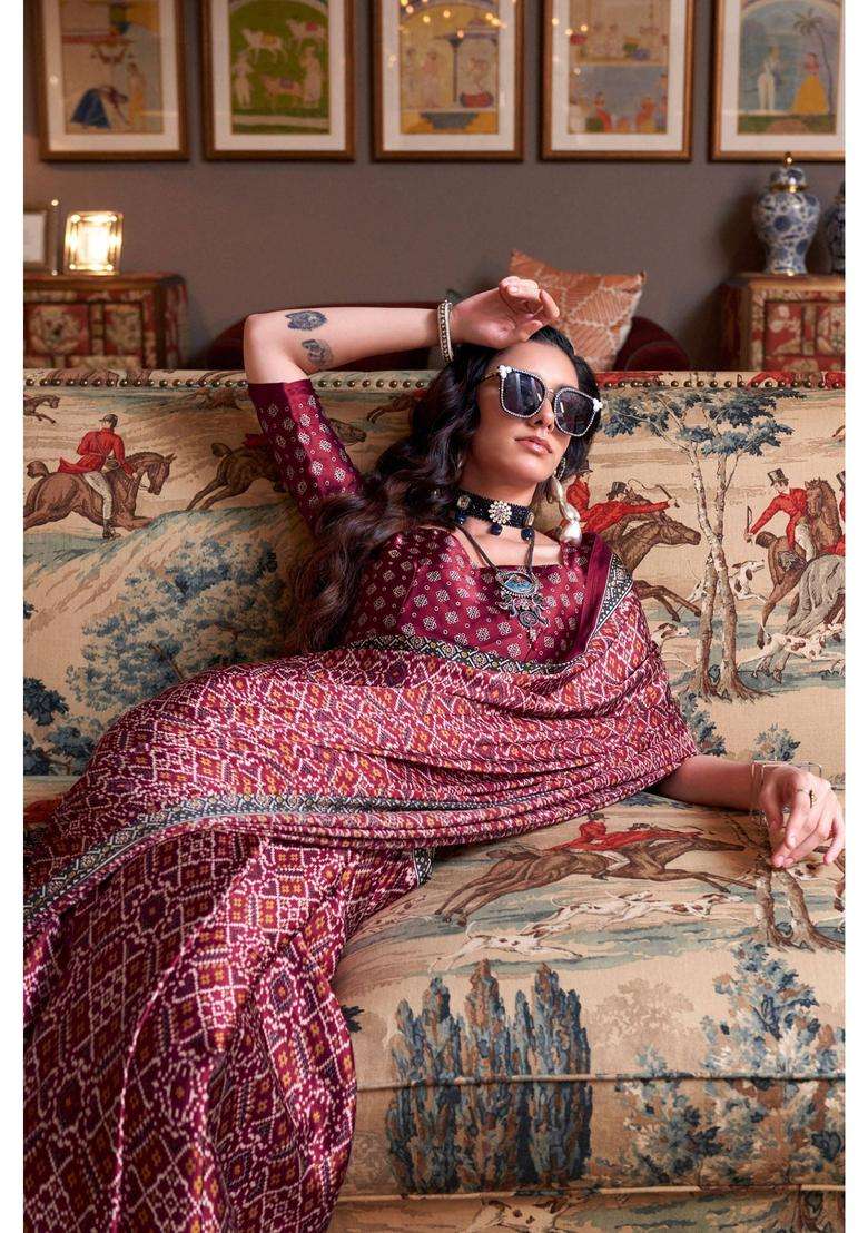 Mocca Maroon Patola Printed Satin Saree with Unstitched Blouse for Women Casual Wear - Indya