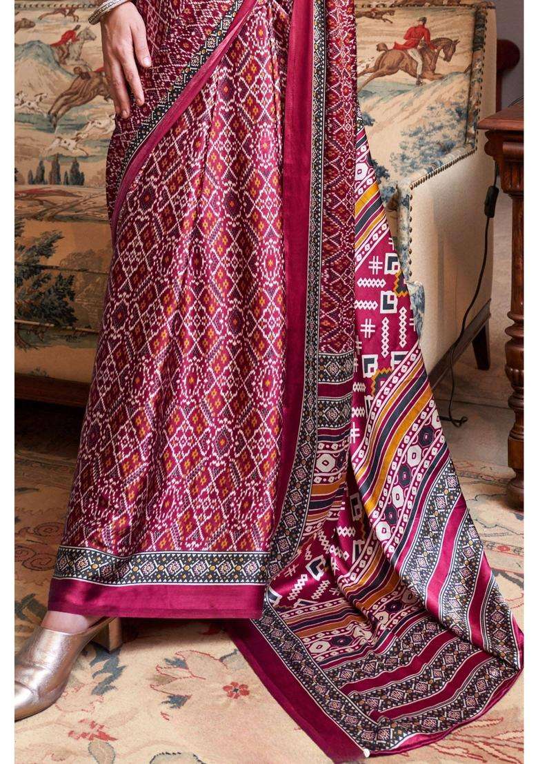 Mocca Maroon Patola Printed Satin Saree with Unstitched Blouse for Women Casual Wear - Indya