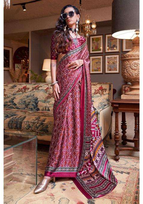 Mocca Maroon Patola Printed Satin Saree with Unstitched Blouse for Women Casual Wear