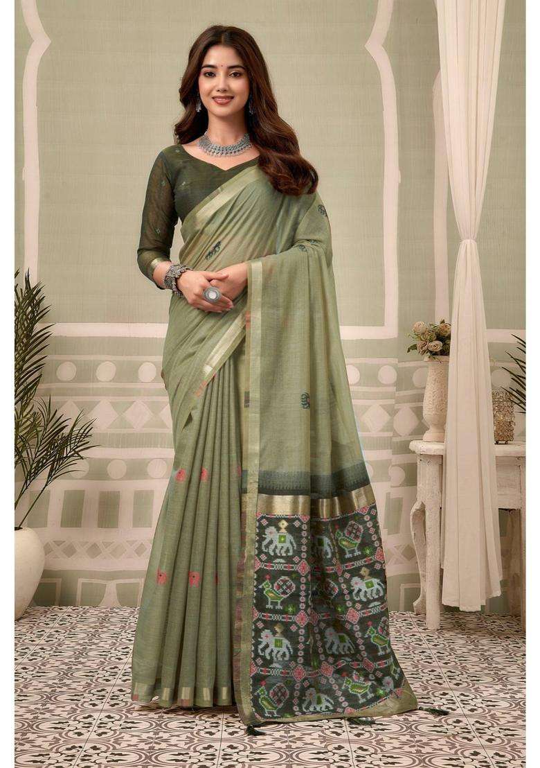 Moss Green Patola Pallu Zari Woven Saree with Unstitched Blouse for Women Festive Wear - Indya