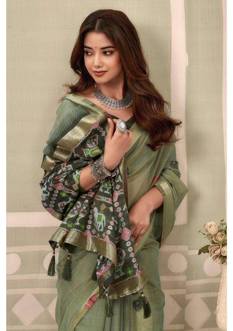 Moss Green Patola Pallu Zari Woven Saree with Unstitched Blouse for Women Festive Wear - Indya