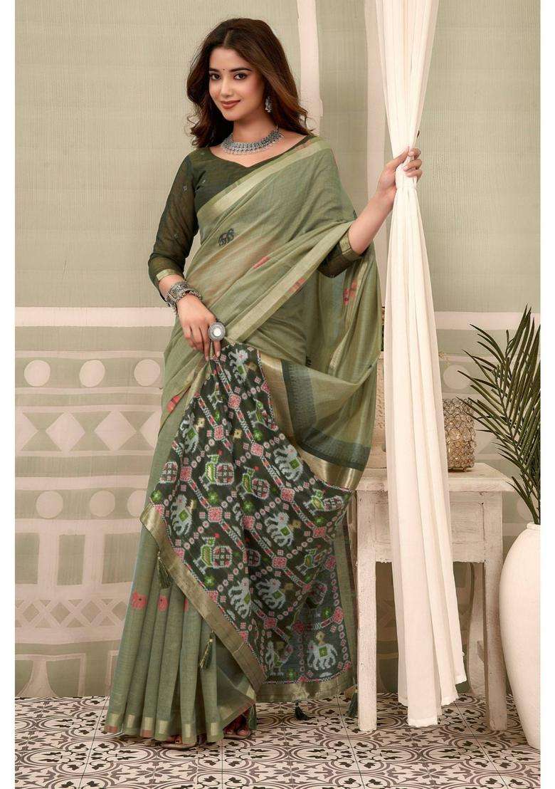 Moss Green Patola Pallu Zari Woven Saree with Unstitched Blouse for Women Festive Wear - Indya
