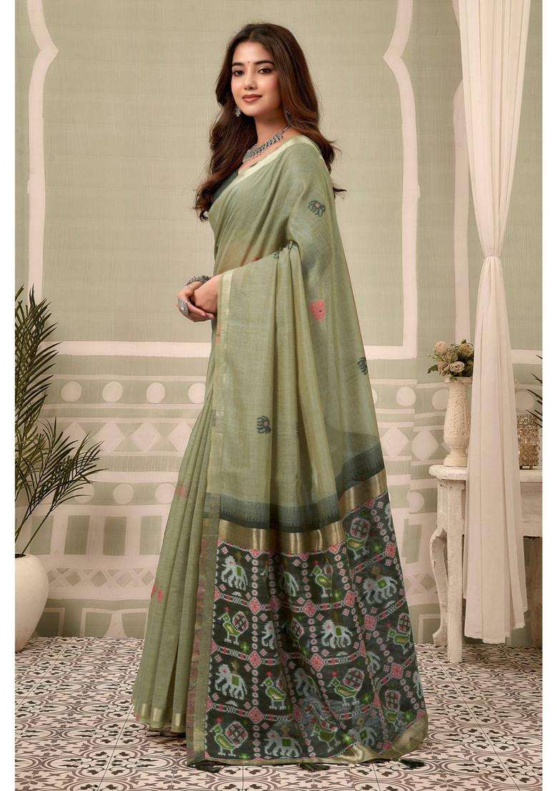 Moss Green Patola Pallu Zari Woven Saree with Unstitched Blouse for Women Festive Wear - Indya