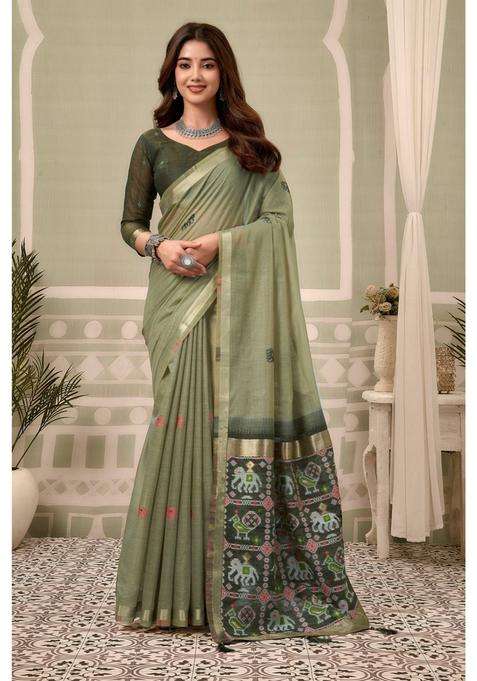 Moss Green Patola Pallu Zari Woven Saree with Unstitched Blouse for Women Festive Wear