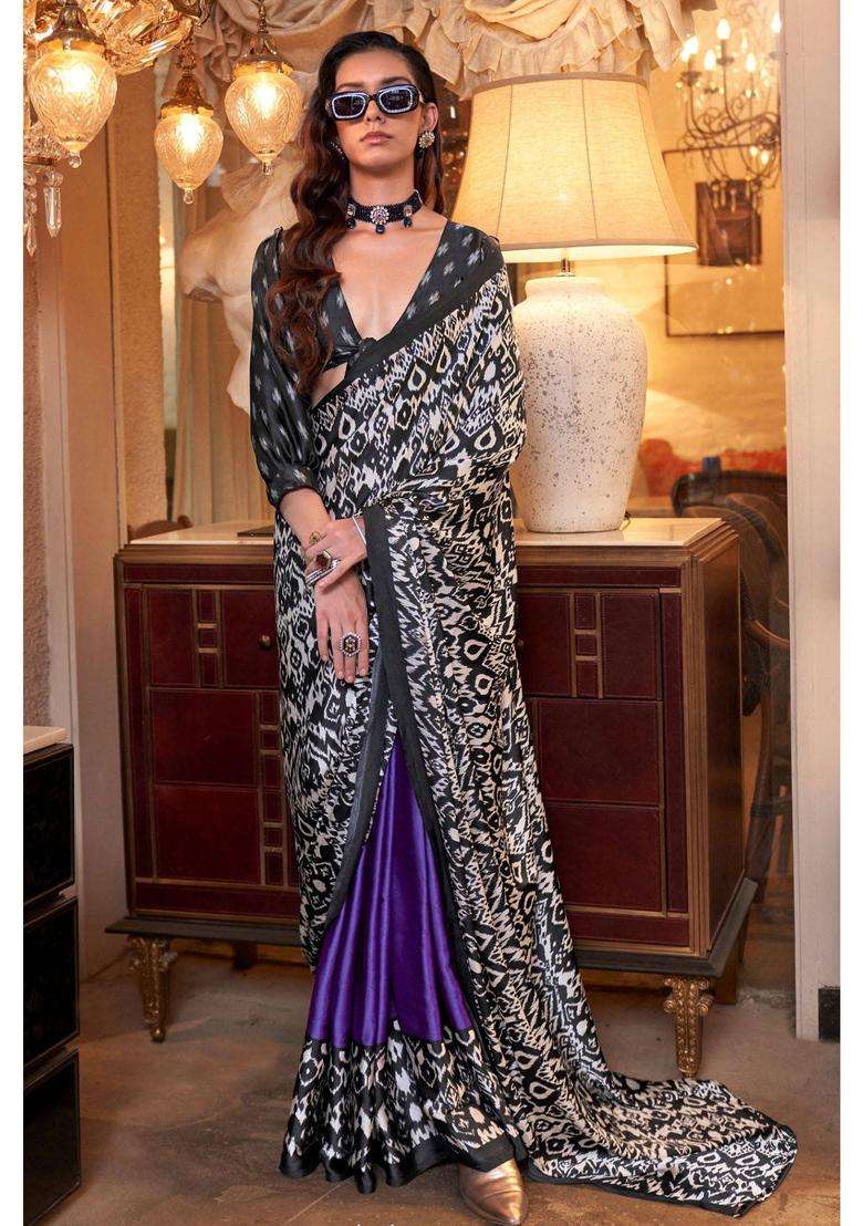 Navy Blue and Jet Black Patola Printed Satin Crepe Saree with Unstitched Blouse for Women Casual Wear - Indya