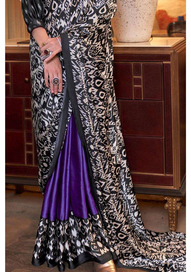 Navy Blue and Jet Black Patola Printed Satin Crepe Saree with Unstitched Blouse for Women Casual Wear - Indya