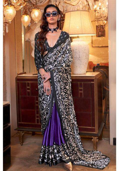 Navy Blue and Jet Black Patola Printed Satin Crepe Saree with Unstitched Blouse for Women Casual Wear