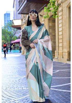Pastel Cream and Green Digital Printed Satin Silk Saree without Blouse for Women Festive Wear