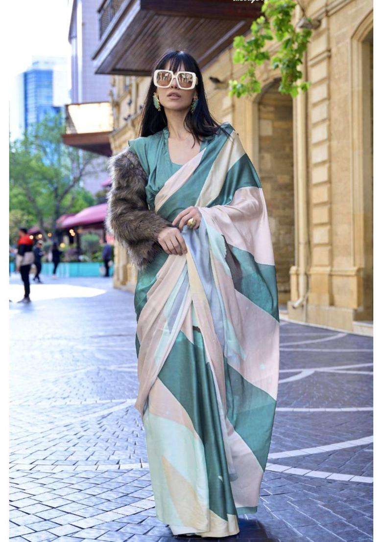 Pastel Cream and Green Digital Printed Satin Silk Saree without Blouse for Women Festive Wear - Indya
