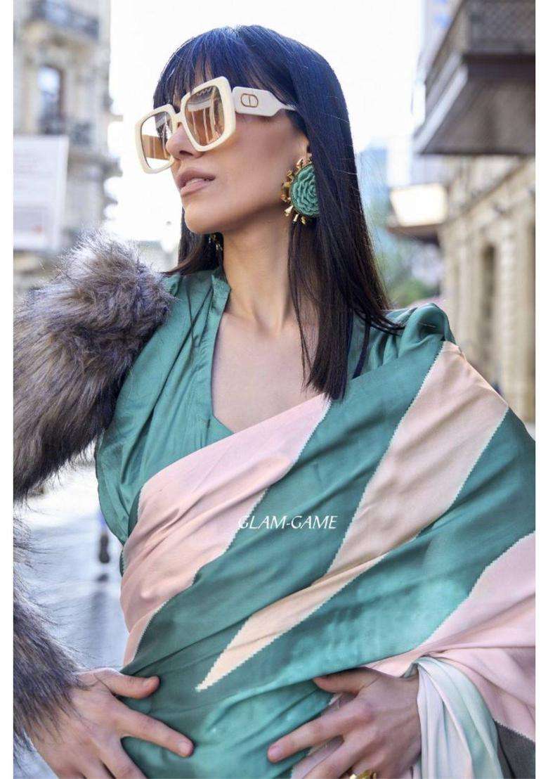 Pastel Cream and Green Digital Printed Satin Silk Saree without Blouse for Women Festive Wear - Indya